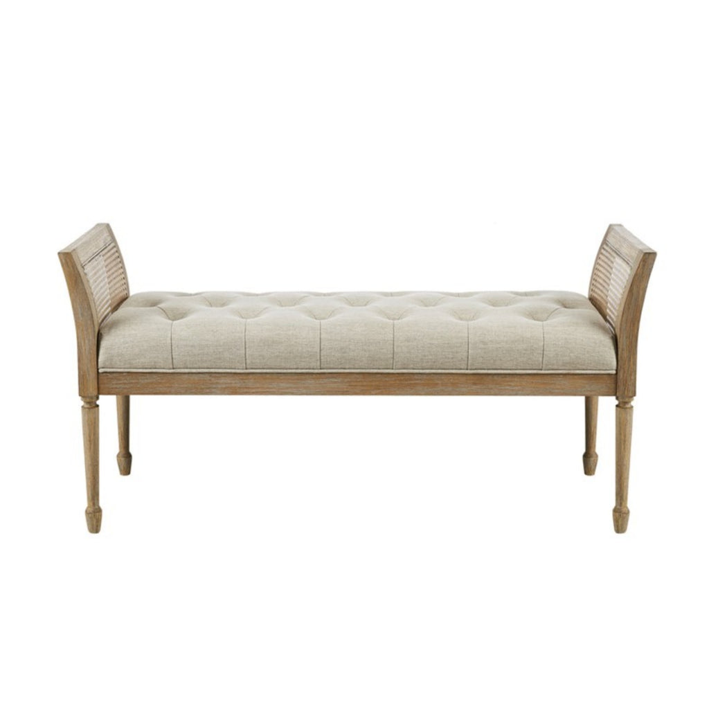 Transitional Accent Bench with Upholstered Seat and Cane Arm in Reclaimed Natural Wood Finish Bench