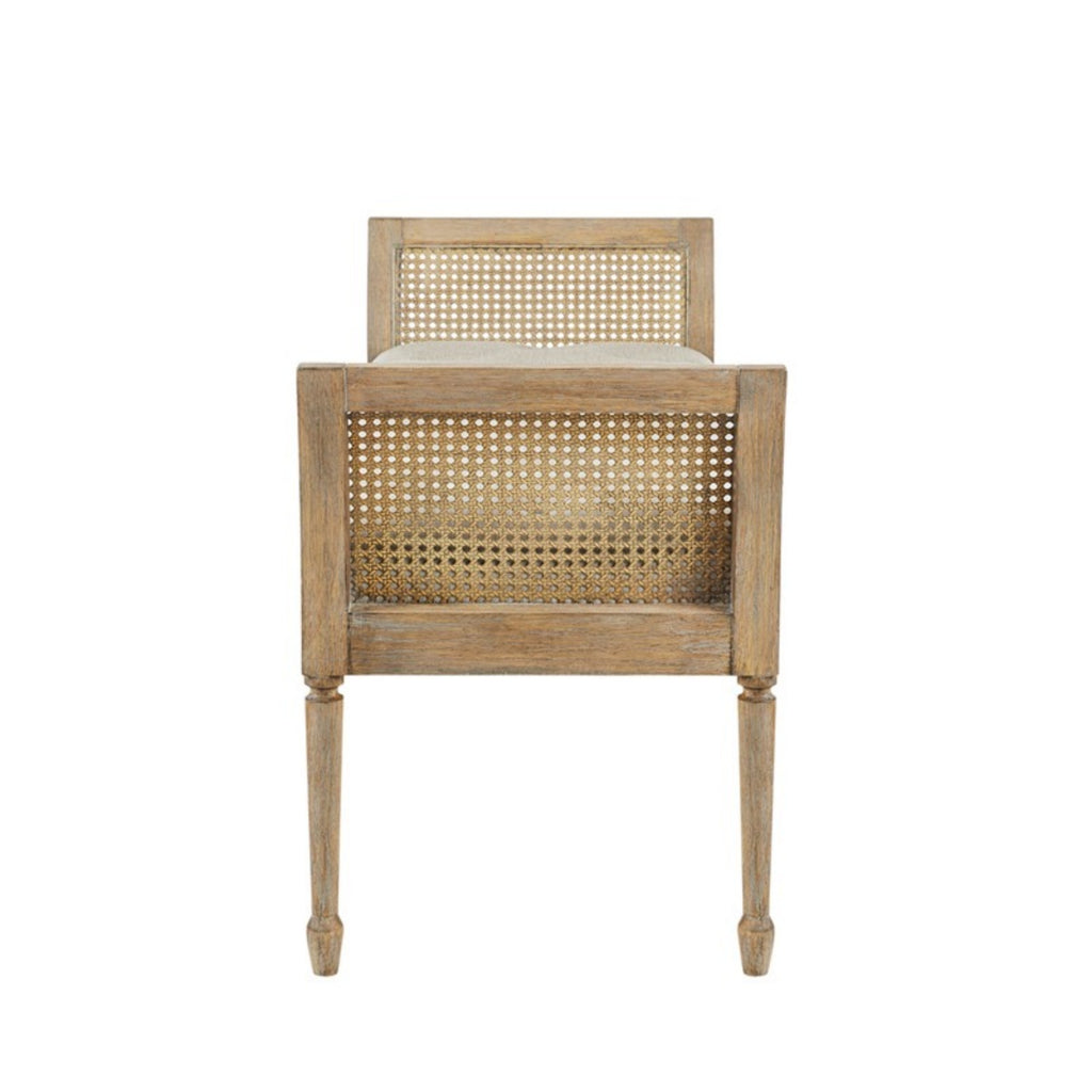 Transitional Accent Bench with Upholstered Seat and Cane Arm in Reclaimed Natural Wood Finish Bench