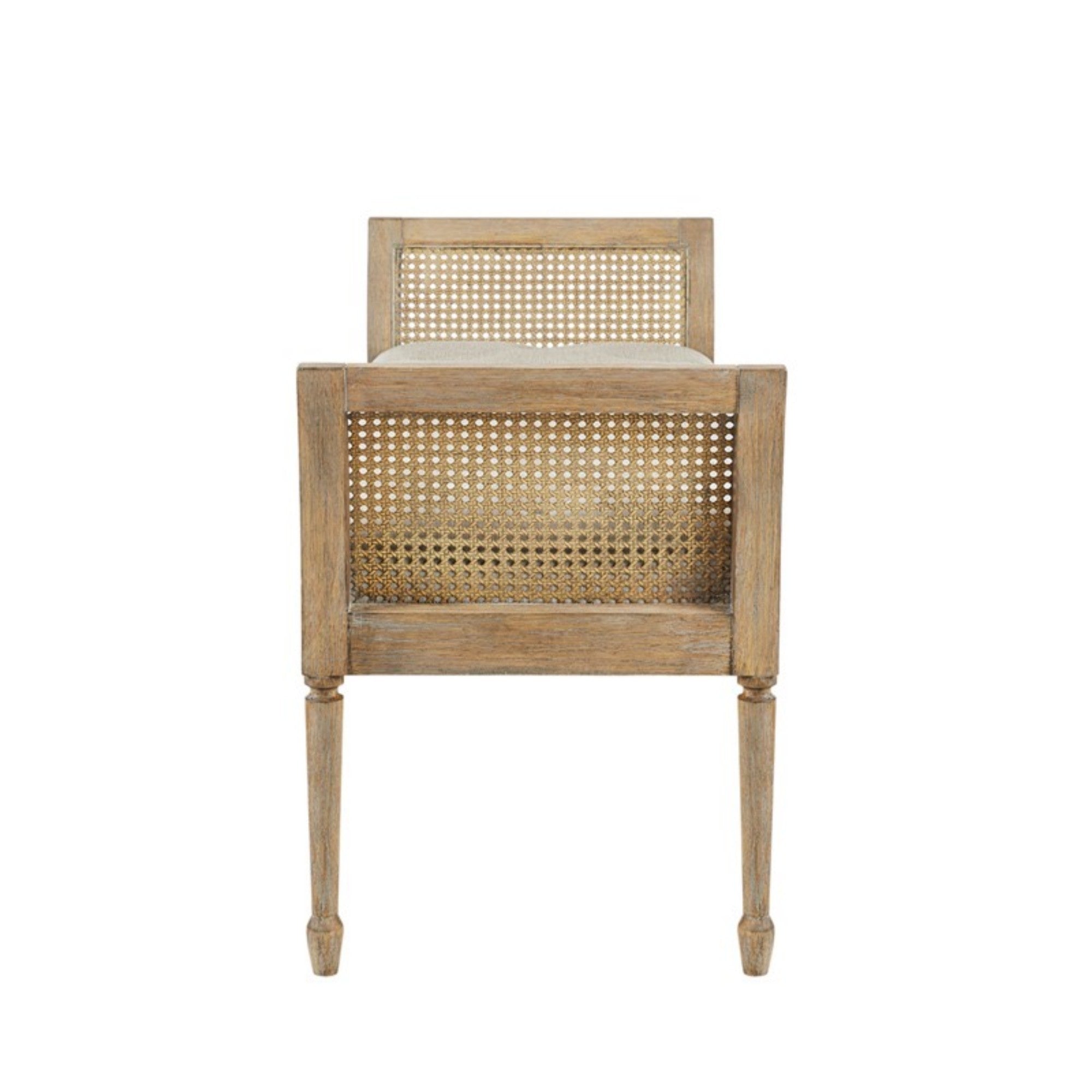 Transitional Accent Bench with Upholstered Seat and Cane Arm in Reclaimed Natural Wood Finish Bench
