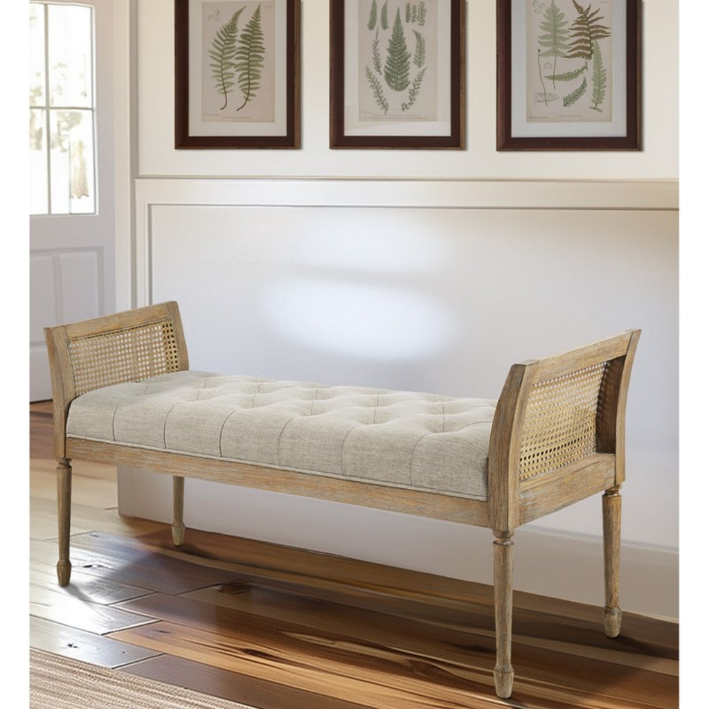 Transitional Accent Bench with Upholstered Seat and Cane Arm in Reclaimed Natural Wood Finish Bench