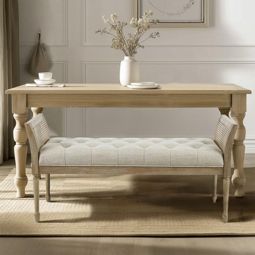Transitional Accent Bench with Upholstered Seat and Cane Arm in Reclaimed Natural Wood Finish Bench