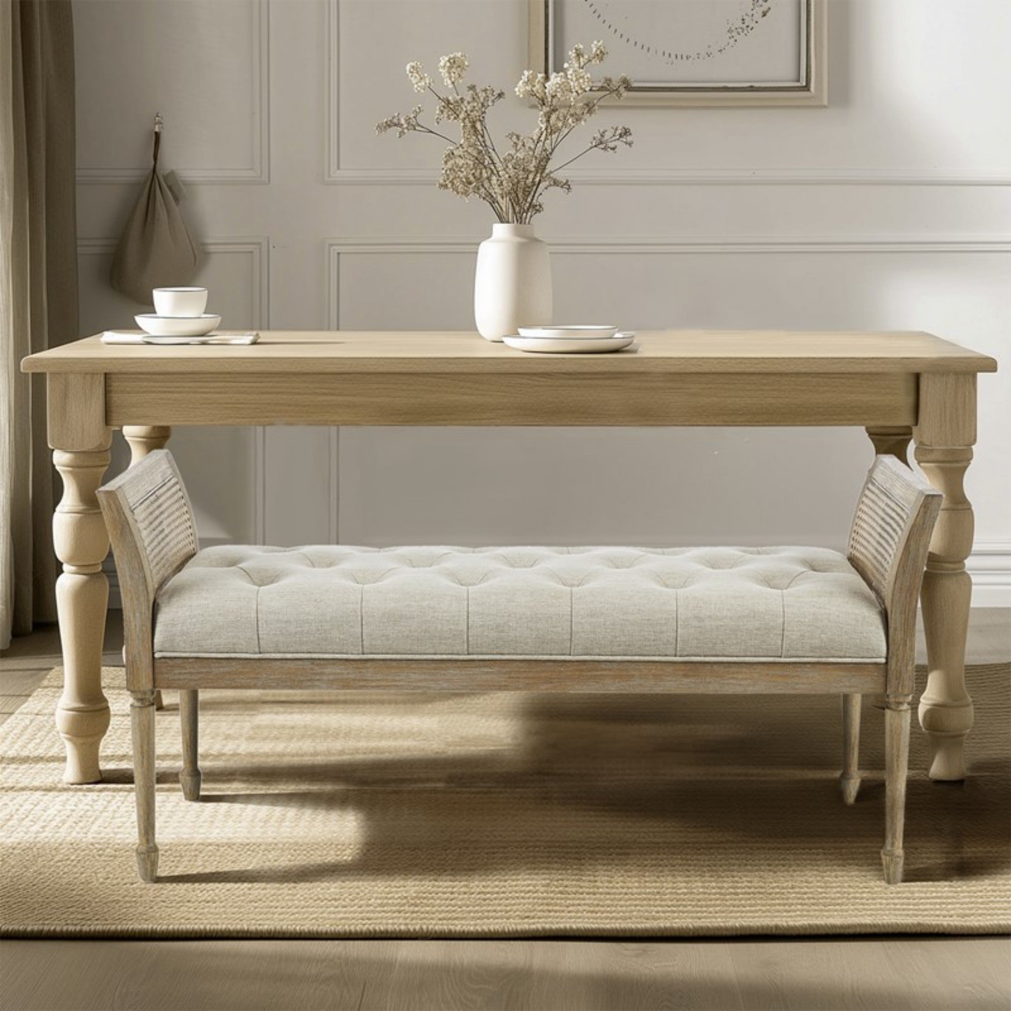 Transitional Accent Bench with Upholstered Seat and Cane Arm in Reclaimed Natural Wood Finish Bench
