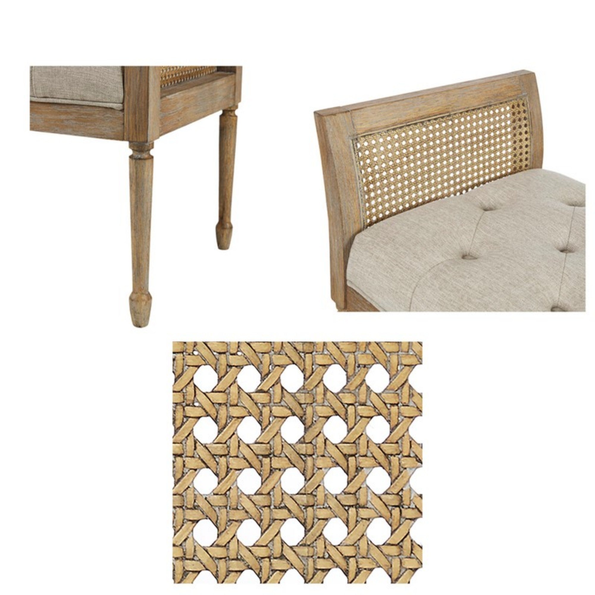 Transitional Accent Bench with Upholstered Seat and Cane Arm in Reclaimed Natural Wood Finish Bench
