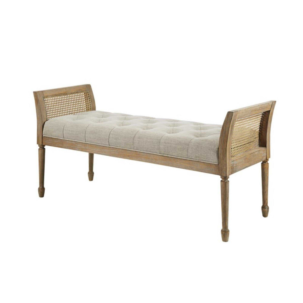Transitional Accent Bench with Upholstered Seat and Cane Arm in Reclaimed Natural Wood Finish Bench