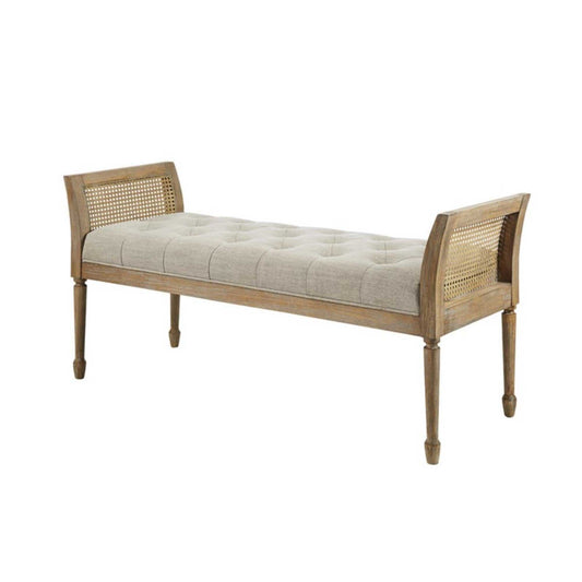 Transitional Accent Bench with Upholstered Seat and Cane Arm in Reclaimed Natural Wood Finish Bench