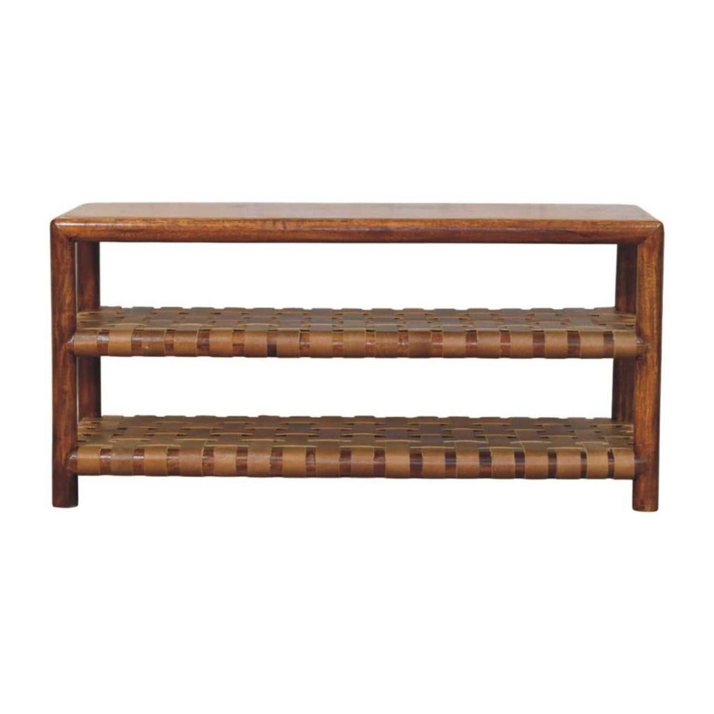 Wooden console table with woven design on a white background