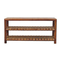 Wooden console table with woven design on a white background
