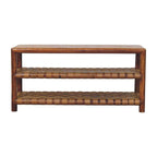 Wooden console table with woven design on a white background