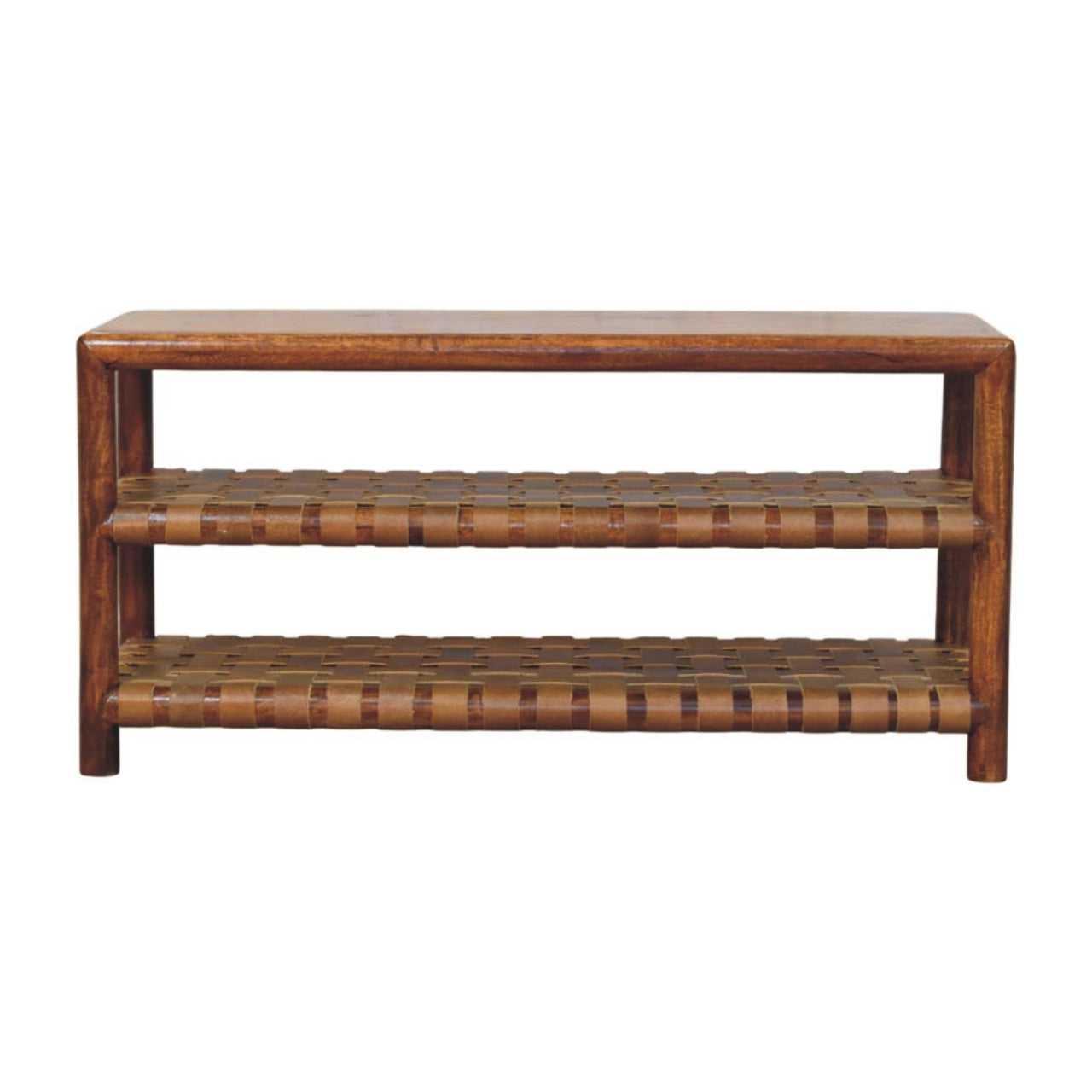 Wooden console table with woven design on a white background