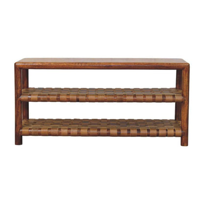 Wooden console table with woven design on a white background