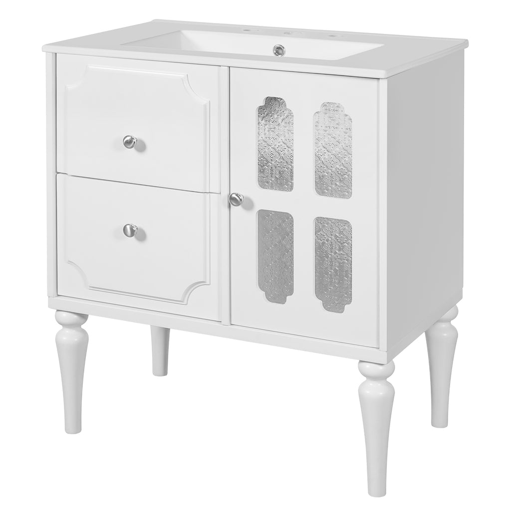 Retro Style 30'' Bathroom Vanity with Ceramic Sink Combo, Freestanding Single Vanity with 2 Drawers, Solid Wood Frame Bathroom Storage Cabinet, White