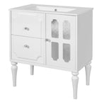 Retro Style 30'' Bathroom Vanity with Ceramic Sink Combo, Freestanding Single Vanity with 2 Drawers, Solid Wood Frame Bathroom Storage Cabinet, White