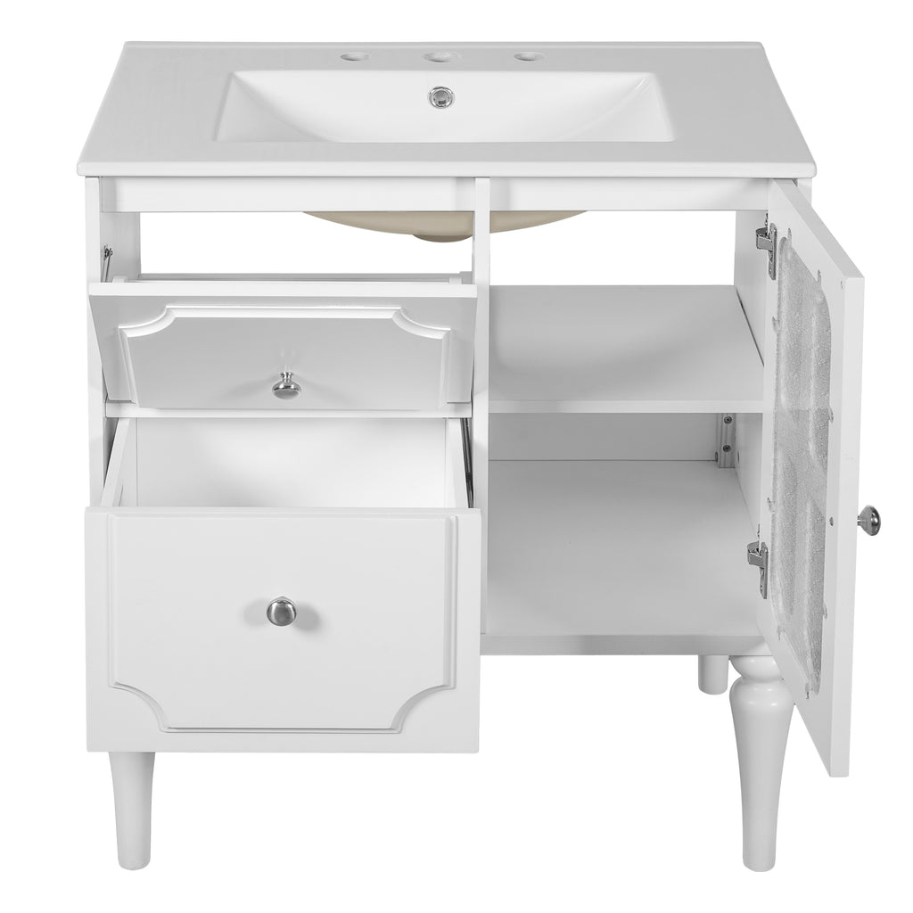 Retro Style 30'' Bathroom Vanity with Ceramic Sink Combo, Freestanding Single Vanity with 2 Drawers, Solid Wood Frame Bathroom Storage Cabinet, White
