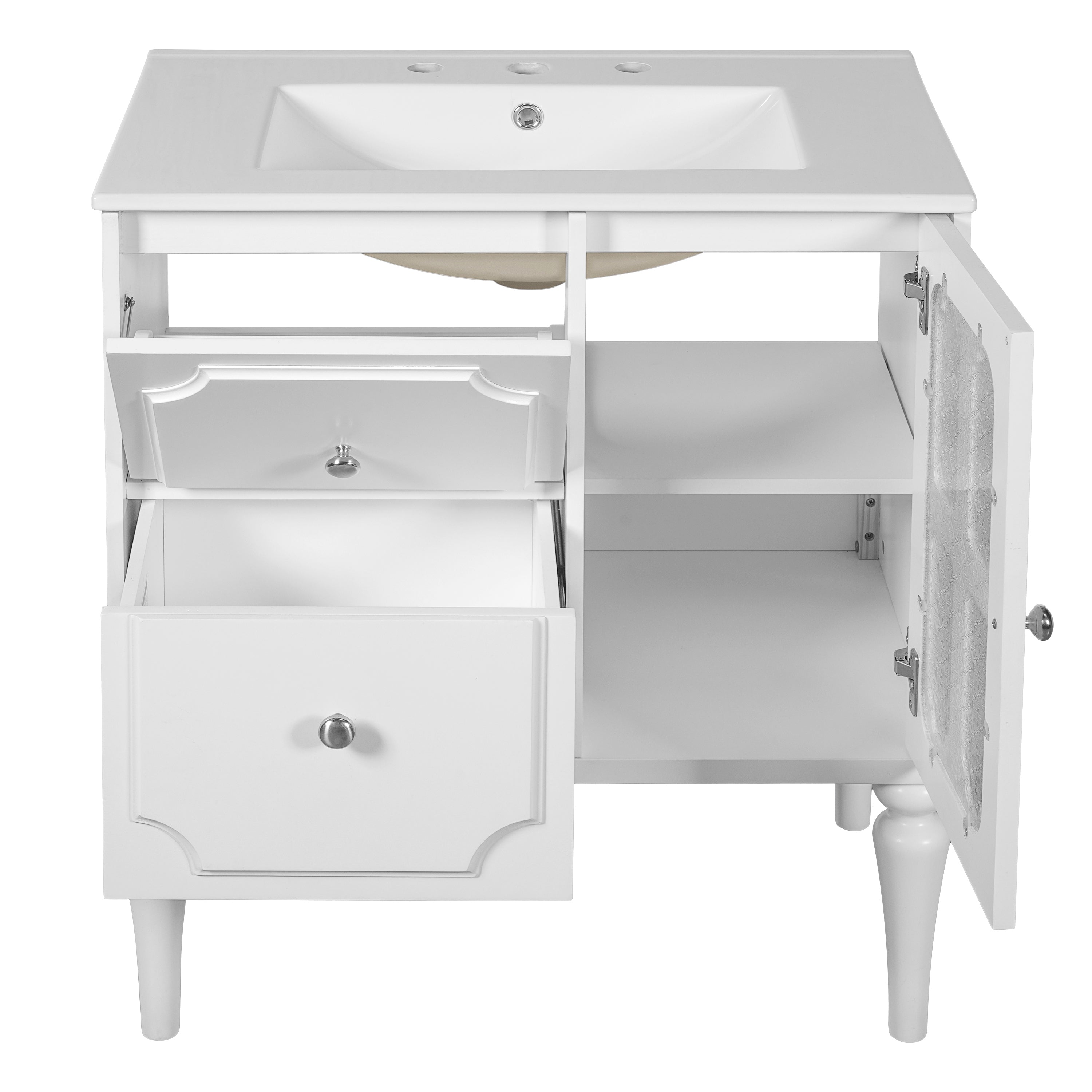 Retro Style 30'' Bathroom Vanity with Ceramic Sink Combo, Freestanding Single Vanity with 2 Drawers, Solid Wood Frame Bathroom Storage Cabinet, White