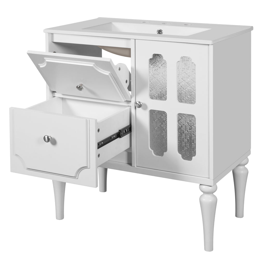 Retro Style 30'' Bathroom Vanity with Ceramic Sink Combo, Freestanding Single Vanity with 2 Drawers, Solid Wood Frame Bathroom Storage Cabinet, White