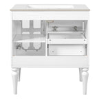 Retro Style 30'' Bathroom Vanity with Ceramic Sink Combo, Freestanding Single Vanity with 2 Drawers, Solid Wood Frame Bathroom Storage Cabinet, White