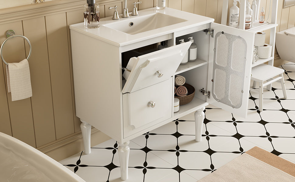Retro Style 30'' Bathroom Vanity with Ceramic Sink Combo, Freestanding Single Vanity with 2 Drawers, Solid Wood Frame Bathroom Storage Cabinet, White