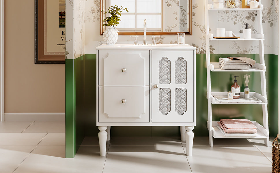 Retro Style 30'' Bathroom Vanity with Ceramic Sink Combo, Freestanding Single Vanity with 2 Drawers, Solid Wood Frame Bathroom Storage Cabinet, White