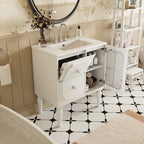 Retro Style 30'' Bathroom Vanity with Ceramic Sink Combo, Freestanding Single Vanity with 2 Drawers, Solid Wood Frame Bathroom Storage Cabinet, White