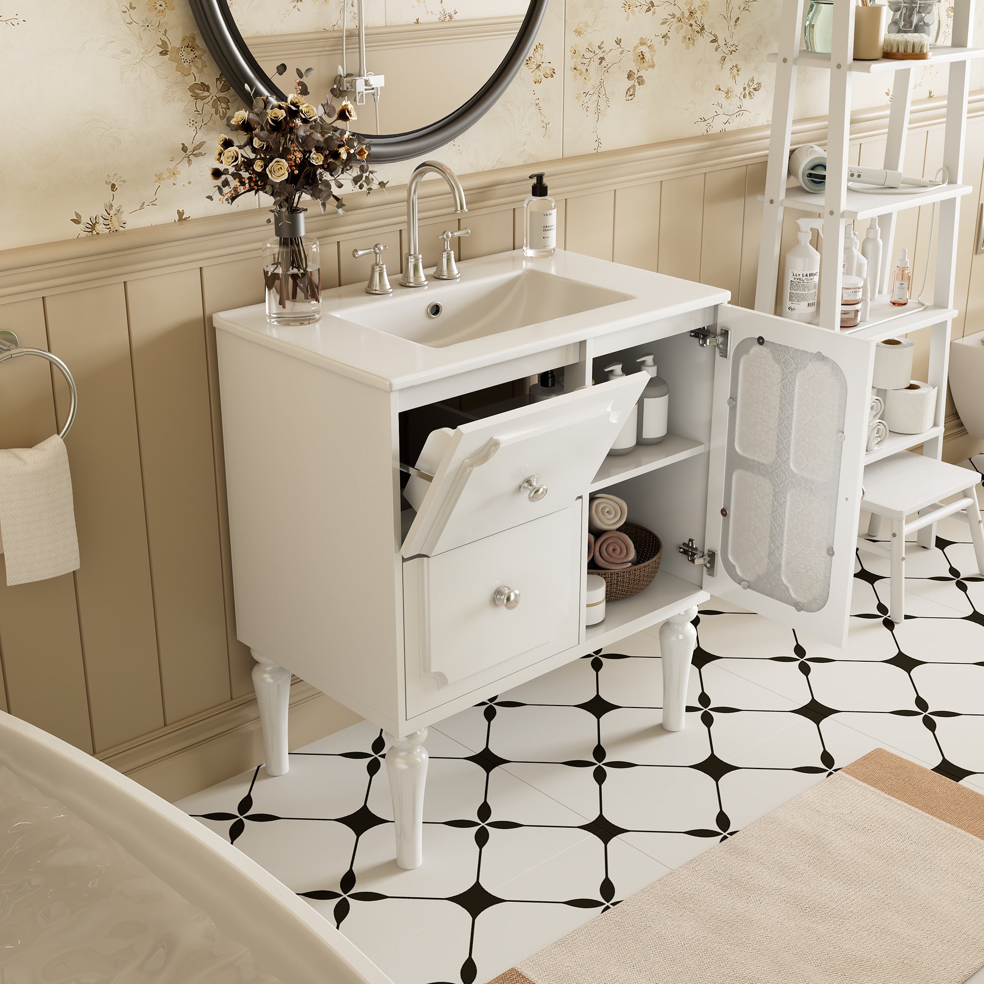 Retro Style 30'' Bathroom Vanity with Ceramic Sink Combo, Freestanding Single Vanity with 2 Drawers, Solid Wood Frame Bathroom Storage Cabinet, White