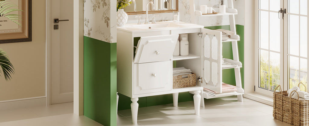 Retro Style 30'' Bathroom Vanity with Ceramic Sink Combo, Freestanding Single Vanity with 2 Drawers, Solid Wood Frame Bathroom Storage Cabinet, White