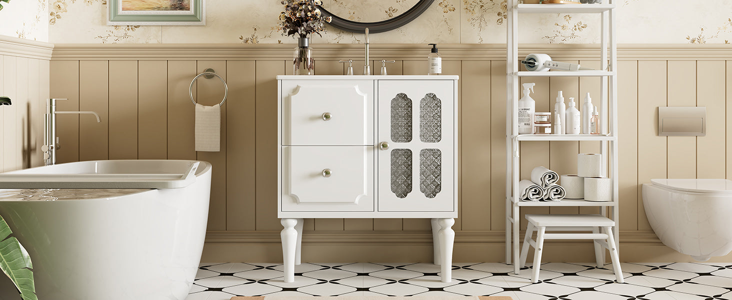 Retro Style 30'' Bathroom Vanity with Ceramic Sink Combo, Freestanding Single Vanity with 2 Drawers, Solid Wood Frame Bathroom Storage Cabinet, White