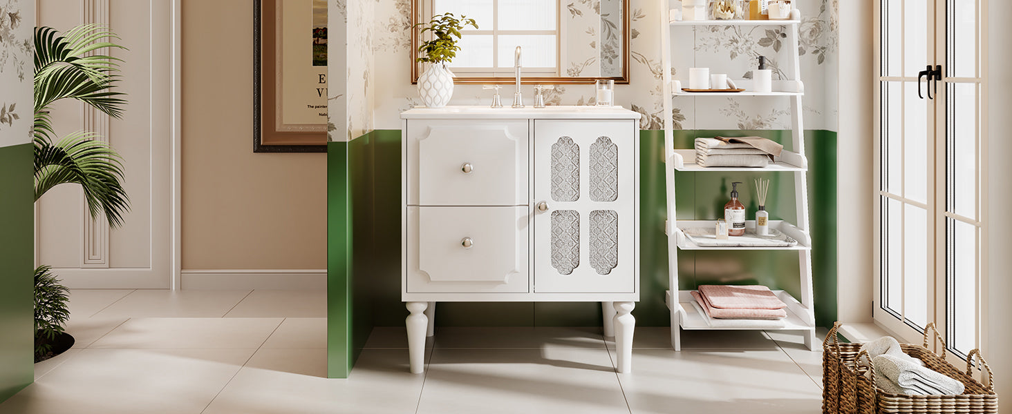 Retro Style 30'' Bathroom Vanity with Ceramic Sink Combo, Freestanding Single Vanity with 2 Drawers, Solid Wood Frame Bathroom Storage Cabinet, White