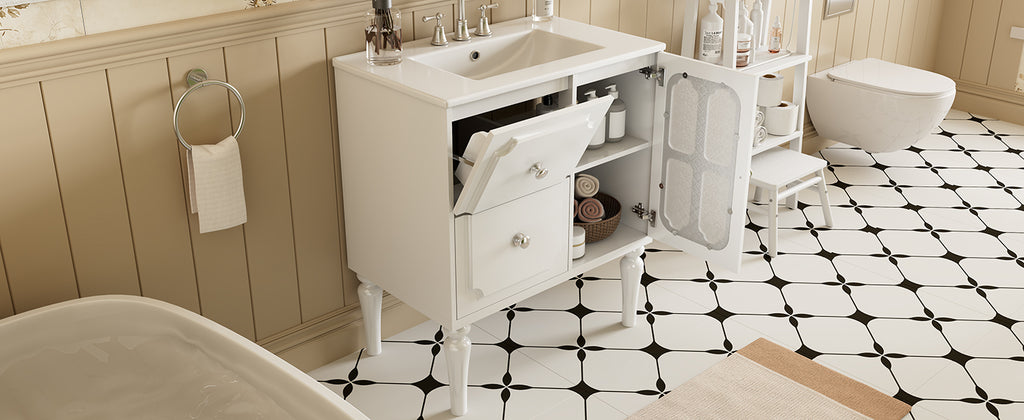 Retro Style 30'' Bathroom Vanity with Ceramic Sink Combo, Freestanding Single Vanity with 2 Drawers, Solid Wood Frame Bathroom Storage Cabinet, White