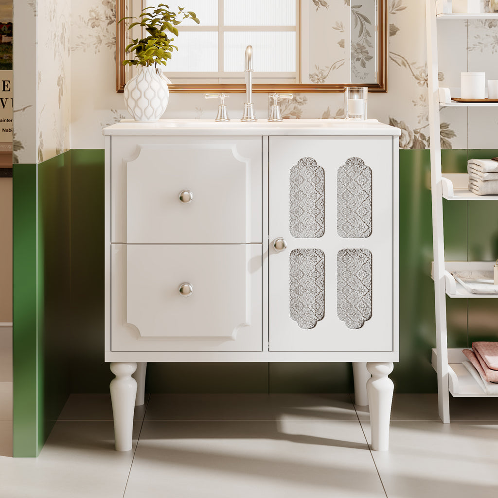 Retro Style 30'' Bathroom Vanity with Ceramic Sink Combo, Freestanding Single Vanity with 2 Drawers, Solid Wood Frame Bathroom Storage Cabinet, White