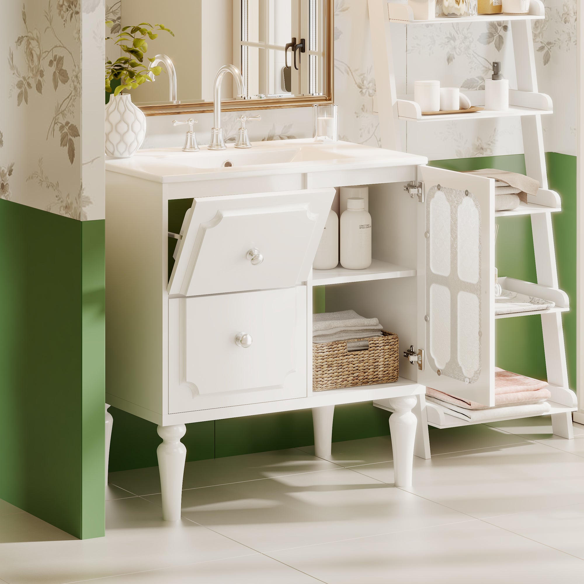 Retro Style 30'' Bathroom Vanity with Ceramic Sink Combo, Freestanding Single Vanity with 2 Drawers, Solid Wood Frame Bathroom Storage Cabinet, White