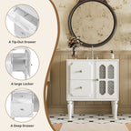 Retro Style 30'' Bathroom Vanity with Ceramic Sink Combo, Freestanding Single Vanity with 2 Drawers, Solid Wood Frame Bathroom Storage Cabinet, White