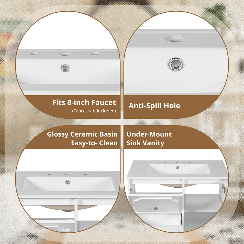 Retro Style 30'' Bathroom Vanity with Ceramic Sink Combo, Freestanding Single Vanity with 2 Drawers, Solid Wood Frame Bathroom Storage Cabinet, White