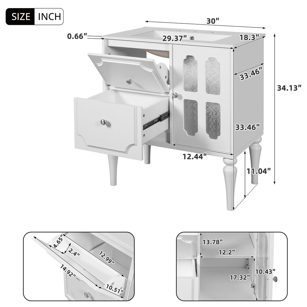 Retro Style 30'' Bathroom Vanity with Ceramic Sink Combo, Freestanding Single Vanity with 2 Drawers, Solid Wood Frame Bathroom Storage Cabinet, White