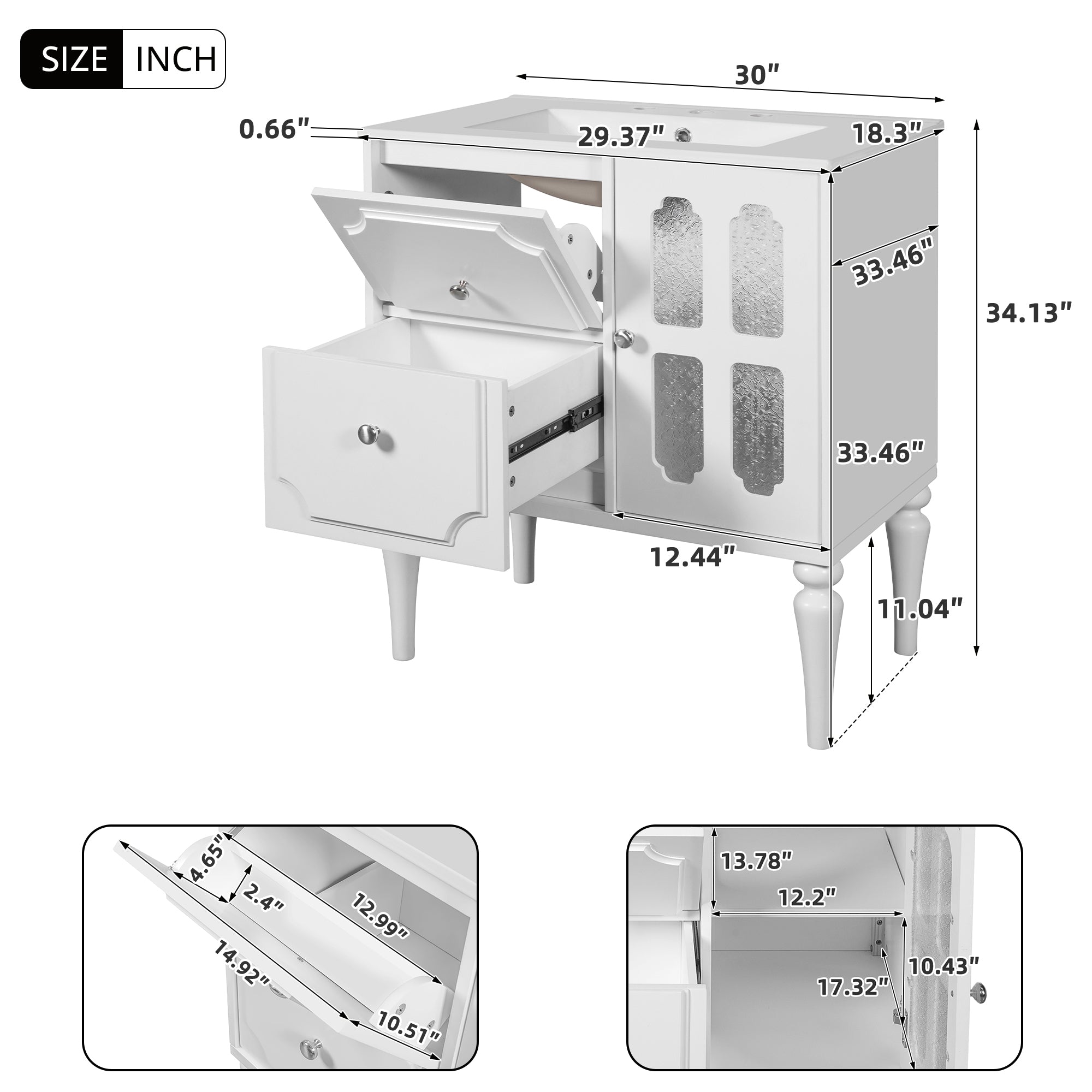 Retro Style 30'' Bathroom Vanity with Ceramic Sink Combo, Freestanding Single Vanity with 2 Drawers, Solid Wood Frame Bathroom Storage Cabinet, White