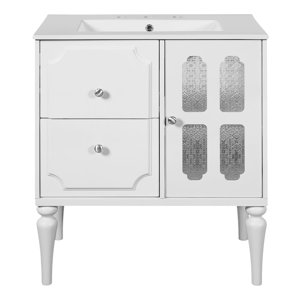 Retro Style 30'' Bathroom Vanity with Ceramic Sink Combo, Freestanding Single Vanity with 2 Drawers, Solid Wood Frame Bathroom Storage Cabinet, White