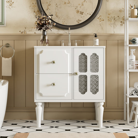 Retro Style 30'' Bathroom Vanity with Ceramic Sink Combo, Freestanding Single Vanity with 2 Drawers, Solid Wood Frame Bathroom Storage Cabinet, White