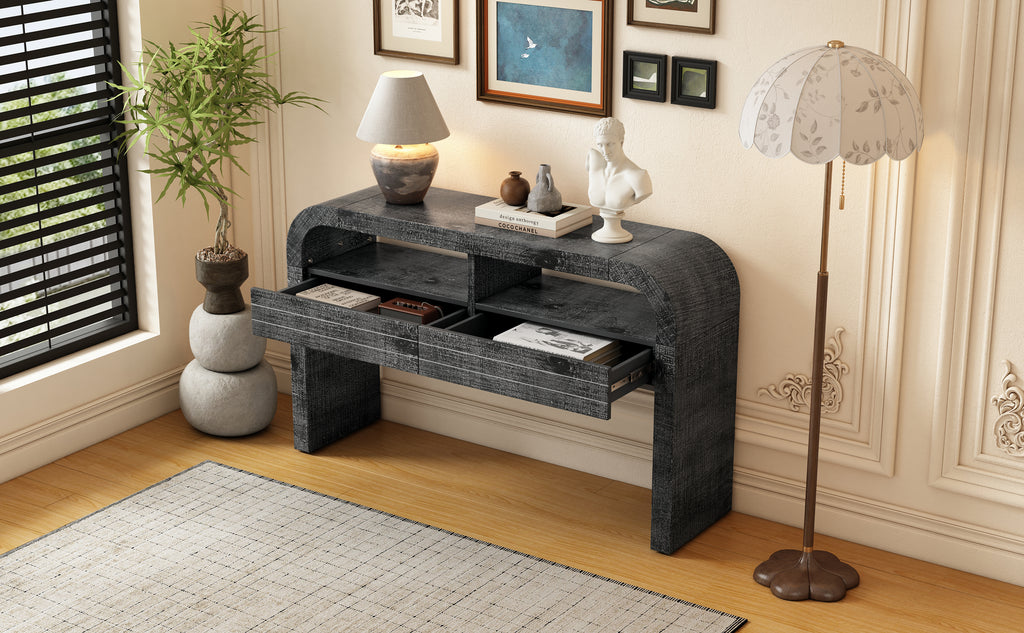 TREXM Console Table Entryway Table, Retro Curved Sofa Table with 2 Large Drawers, Narrow Console Table for Living Room Hallway Entrance, 52''×14''×31.5'', Antique Black
