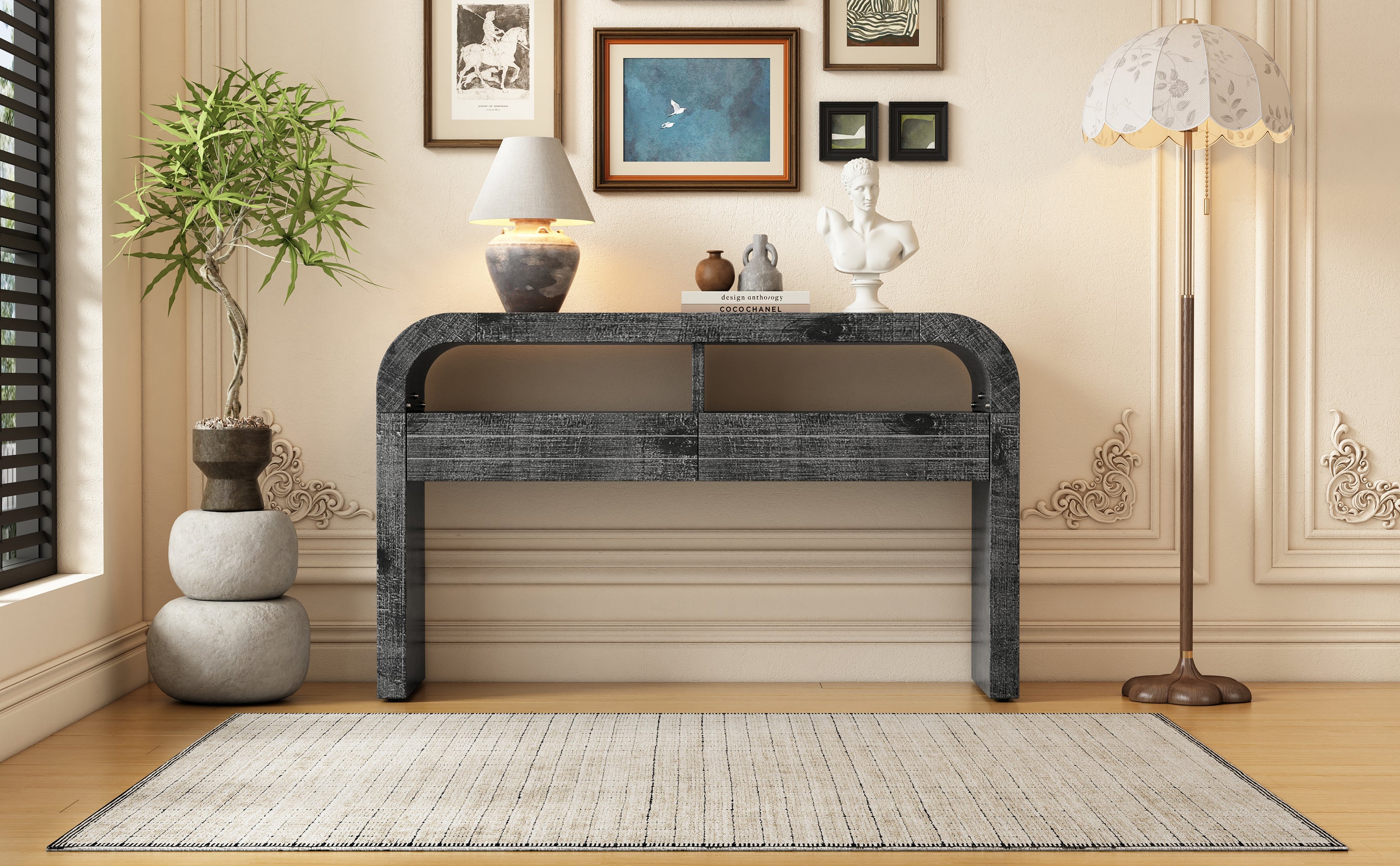 TREXM Console Table Entryway Table, Retro Curved Sofa Table with 2 Large Drawers, Narrow Console Table for Living Room Hallway Entrance, 52''×14''×31.5'', Antique Black