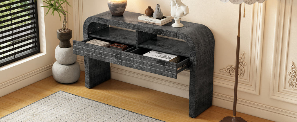 TREXM Console Table Entryway Table, Retro Curved Sofa Table with 2 Large Drawers, Narrow Console Table for Living Room Hallway Entrance, 52''×14''×31.5'', Antique Black