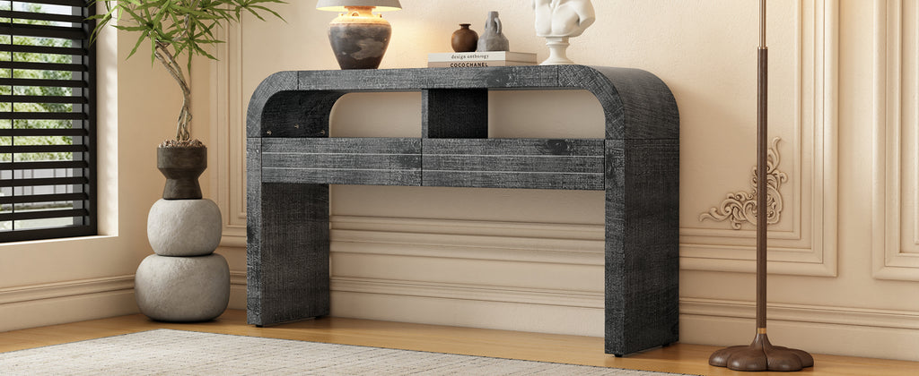TREXM Console Table Entryway Table, Retro Curved Sofa Table with 2 Large Drawers, Narrow Console Table for Living Room Hallway Entrance, 52''×14''×31.5'', Antique Black