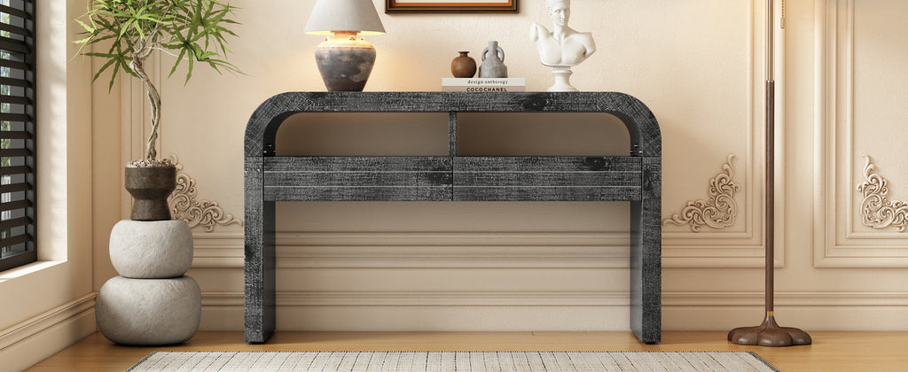 TREXM Console Table Entryway Table, Retro Curved Sofa Table with 2 Large Drawers, Narrow Console Table for Living Room Hallway Entrance, 52''×14''×31.5'', Antique Black