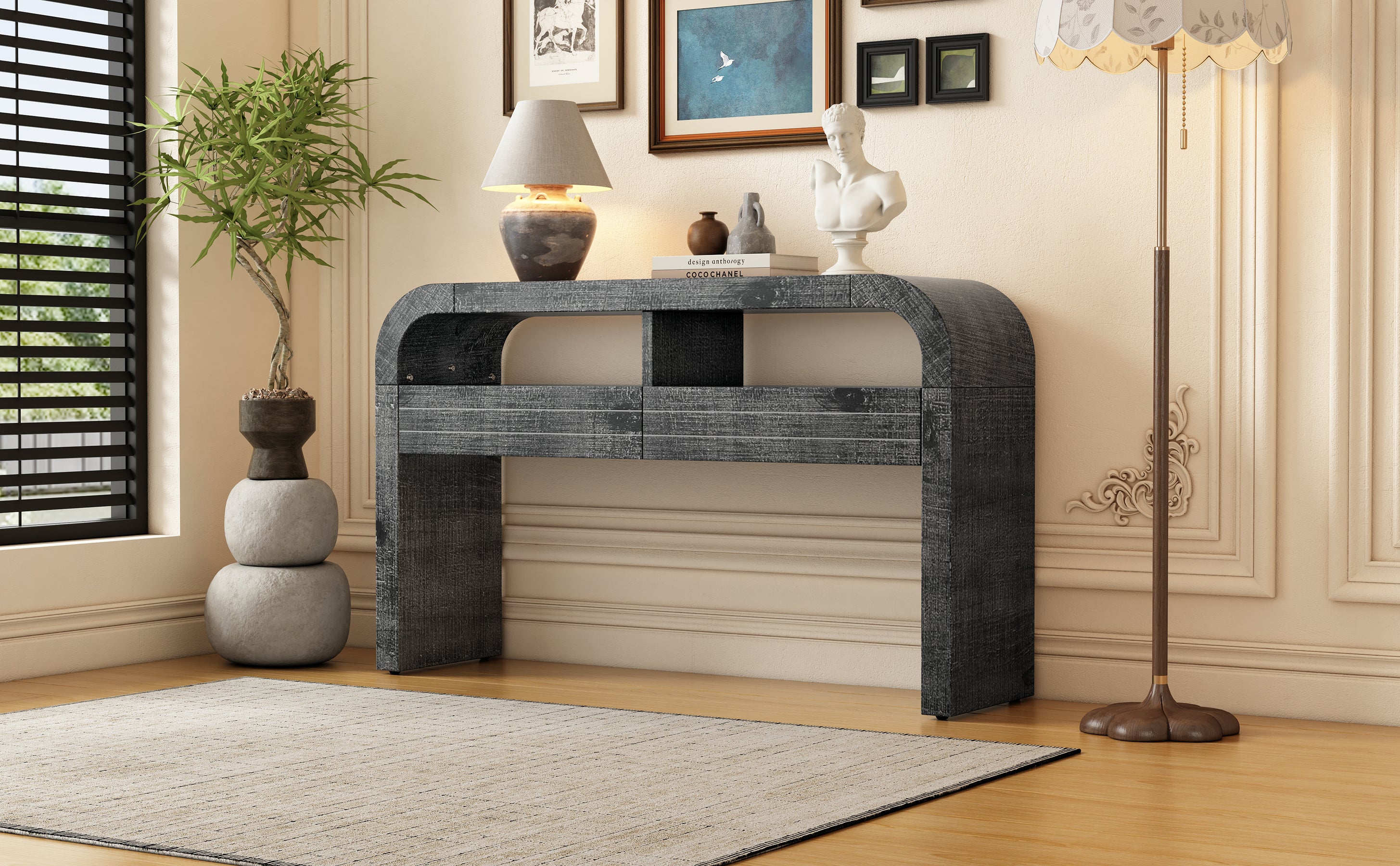 TREXM Console Table Entryway Table, Retro Curved Sofa Table with 2 Large Drawers, Narrow Console Table for Living Room Hallway Entrance, 52''×14''×31.5'', Antique Black