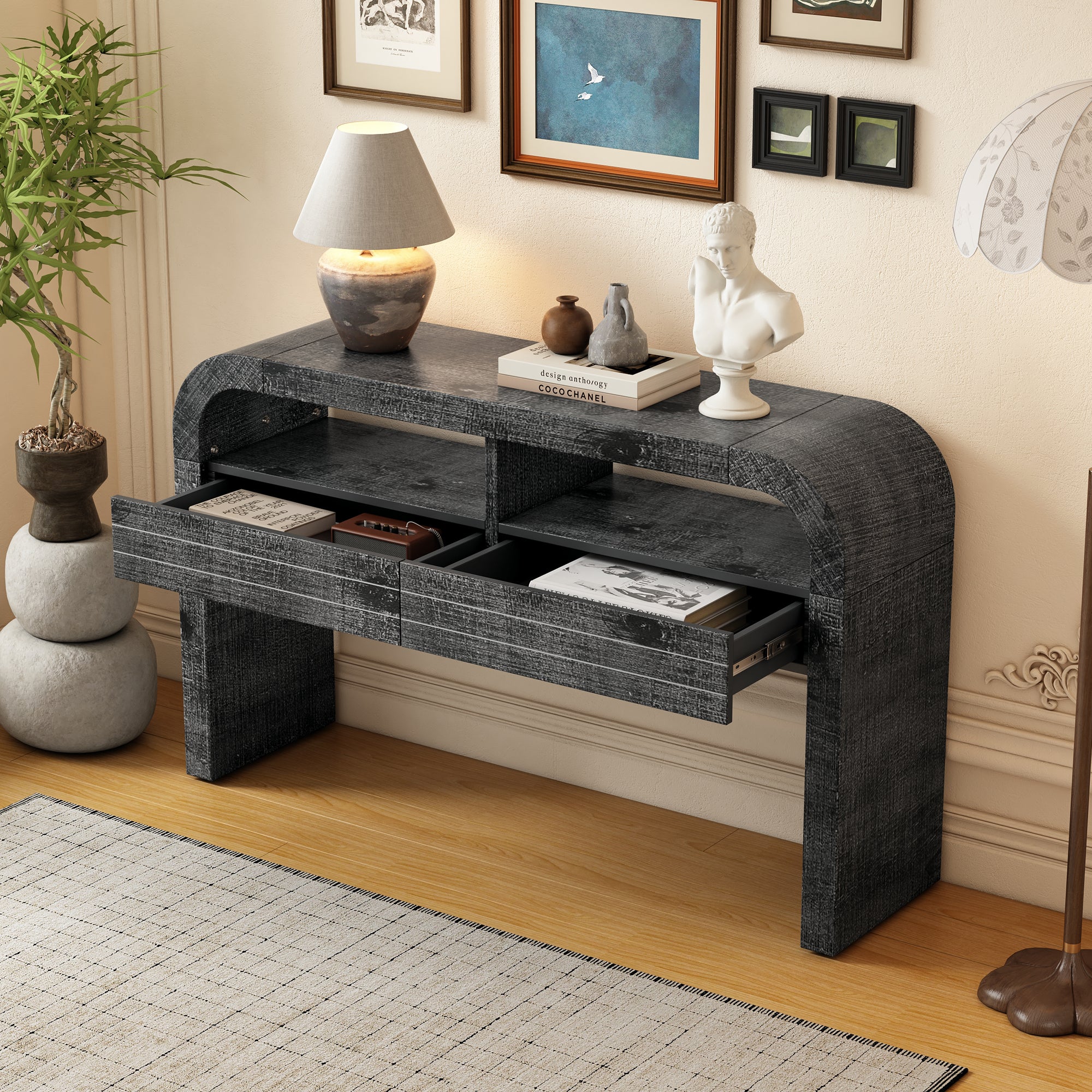 TREXM Console Table Entryway Table, Retro Curved Sofa Table with 2 Large Drawers, Narrow Console Table for Living Room Hallway Entrance, 52''×14''×31.5'', Antique Black