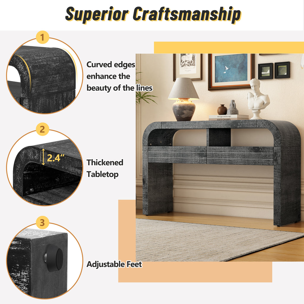 TREXM Console Table Entryway Table, Retro Curved Sofa Table with 2 Large Drawers, Narrow Console Table for Living Room Hallway Entrance, 52''×14''×31.5'', Antique Black