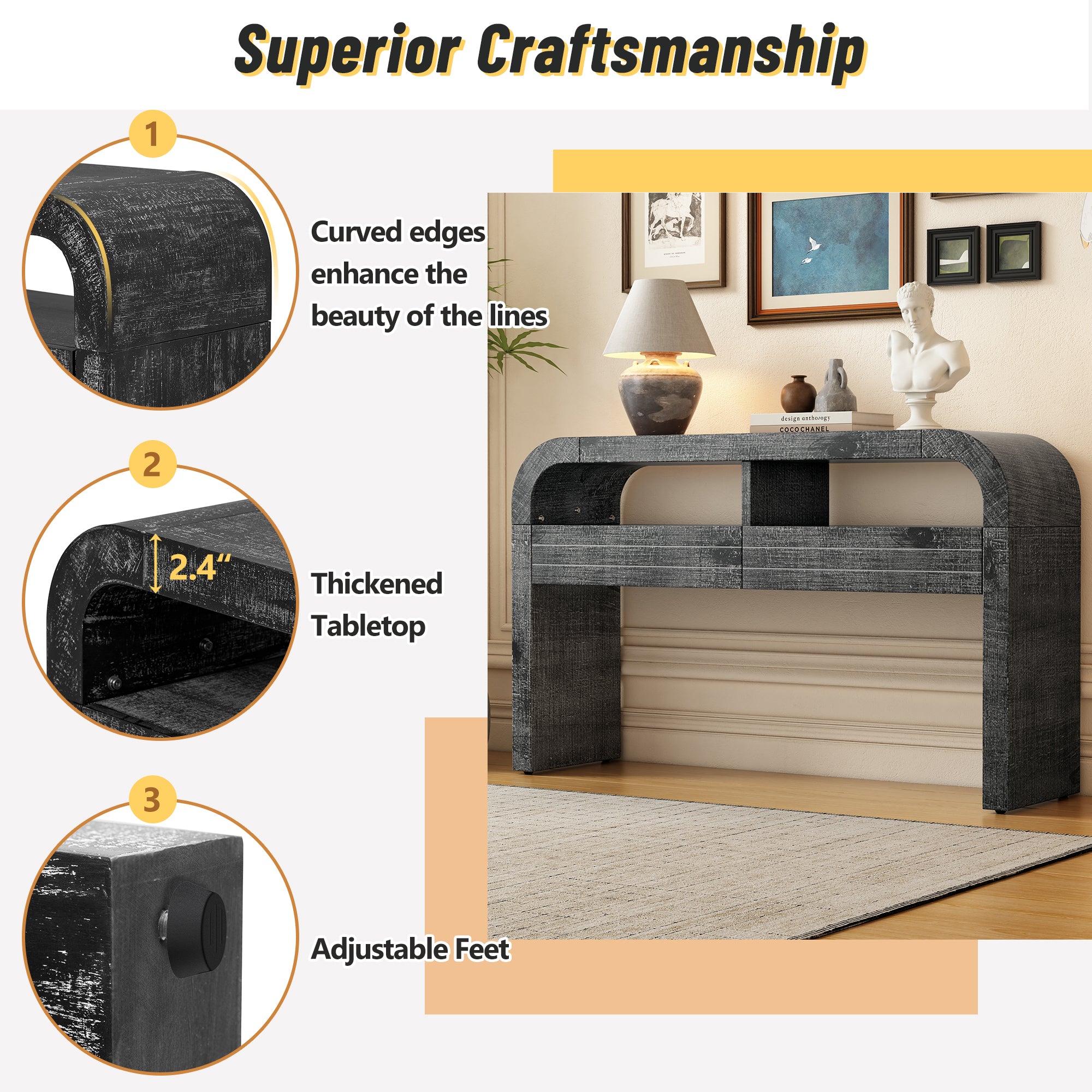 TREXM Console Table Entryway Table, Retro Curved Sofa Table with 2 Large Drawers, Narrow Console Table for Living Room Hallway Entrance, 52''×14''×31.5'', Antique Black