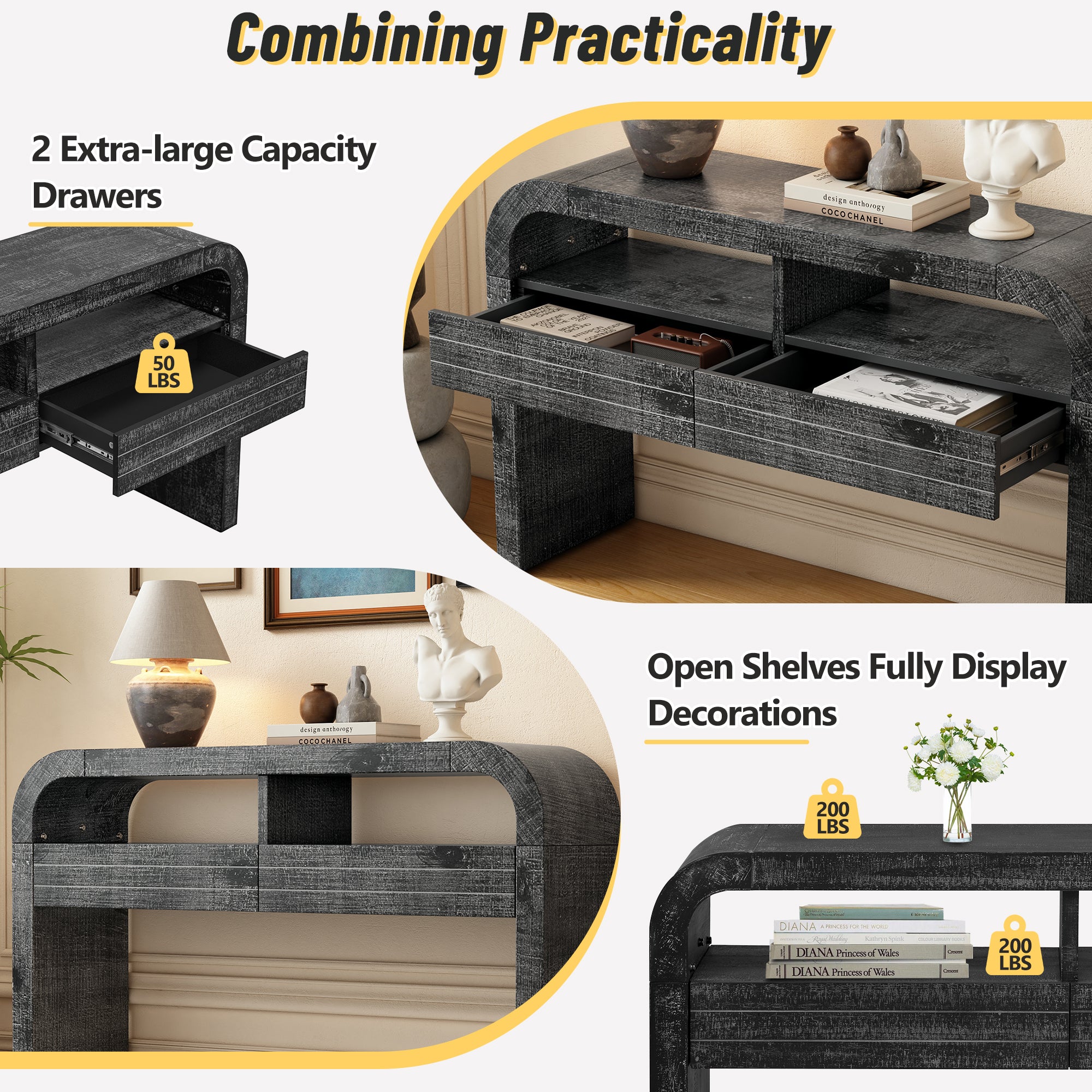 TREXM Console Table Entryway Table, Retro Curved Sofa Table with 2 Large Drawers, Narrow Console Table for Living Room Hallway Entrance, 52''×14''×31.5'', Antique Black