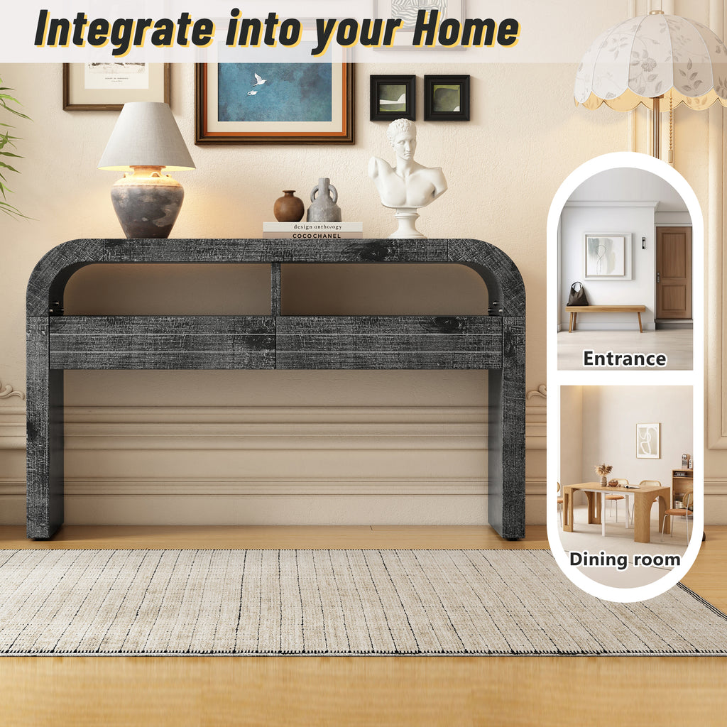 TREXM Console Table Entryway Table, Retro Curved Sofa Table with 2 Large Drawers, Narrow Console Table for Living Room Hallway Entrance, 52''×14''×31.5'', Antique Black