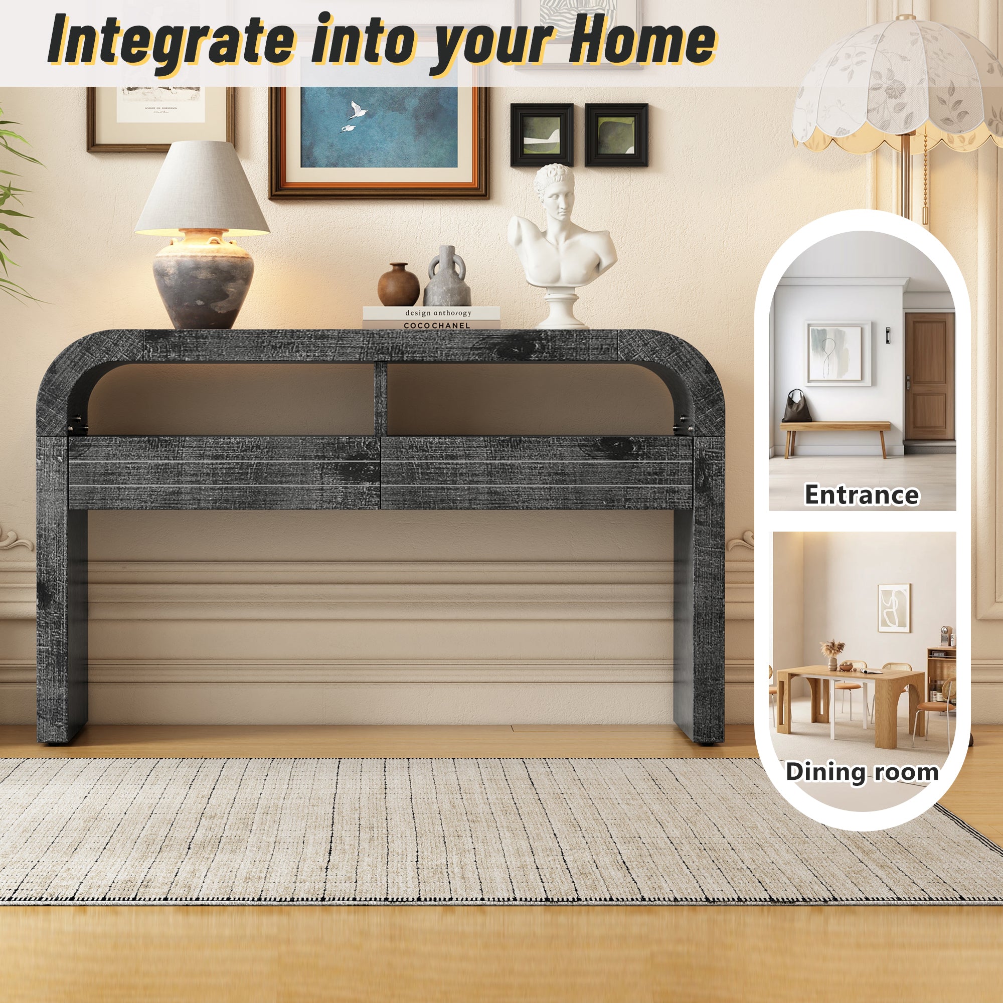 TREXM Console Table Entryway Table, Retro Curved Sofa Table with 2 Large Drawers, Narrow Console Table for Living Room Hallway Entrance, 52''×14''×31.5'', Antique Black