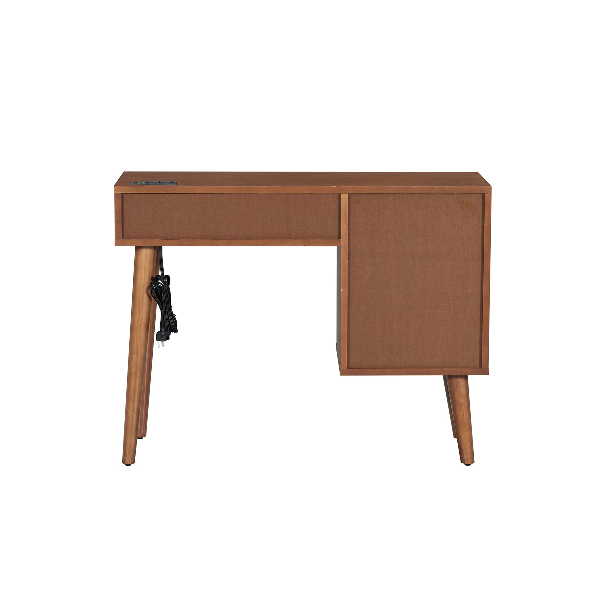 39 Retro Bohemian Style Wooden Makeup Vanity Set with Charging Plug&USB Port and Stool, Dressing Table with 3 Storage Drawers and 1 Rectangular Rattan Drawer, Walnut