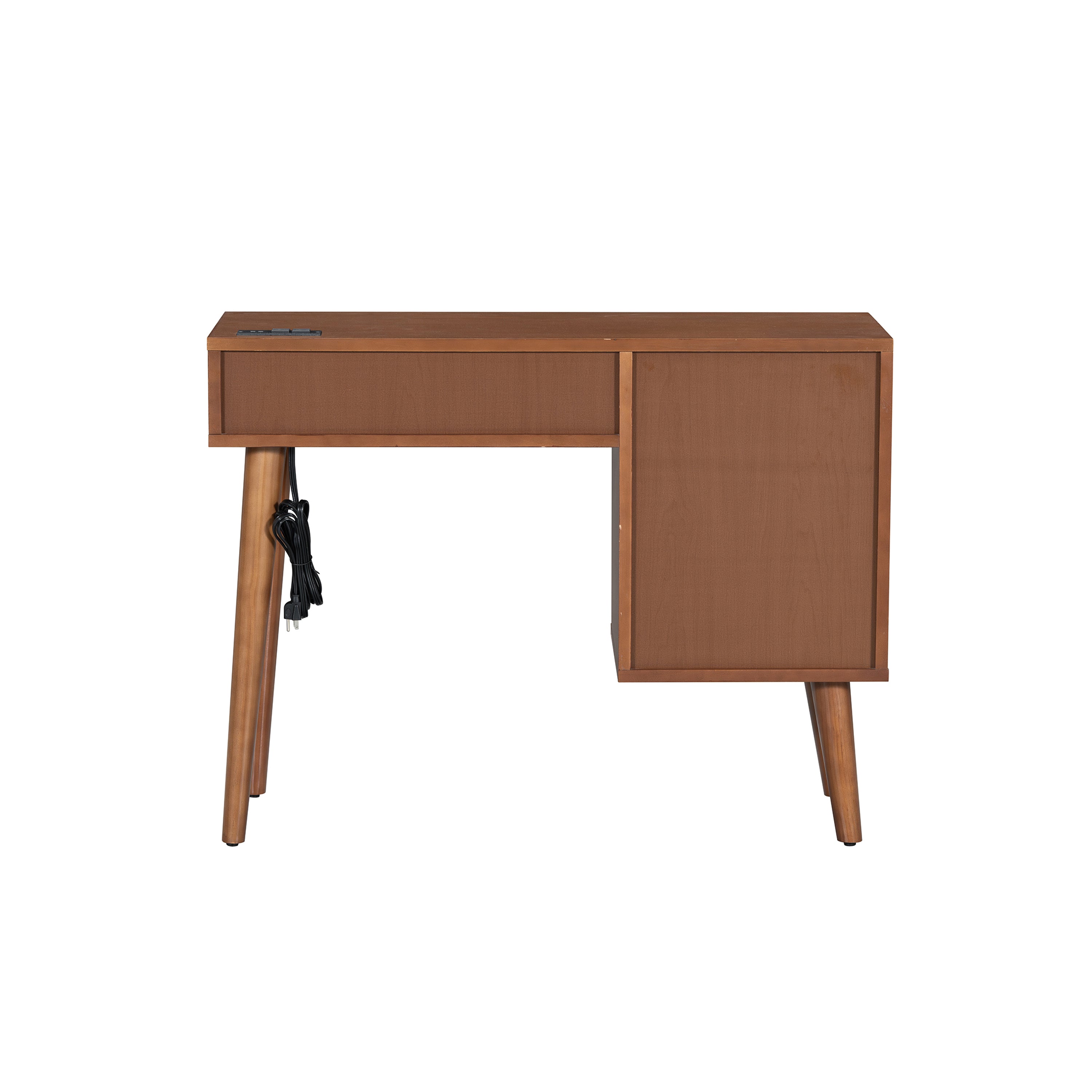 39 Retro Bohemian Style Wooden Makeup Vanity Set with Charging Plug&USB Port and Stool, Dressing Table with 3 Storage Drawers and 1 Rectangular Rattan Drawer, Walnut